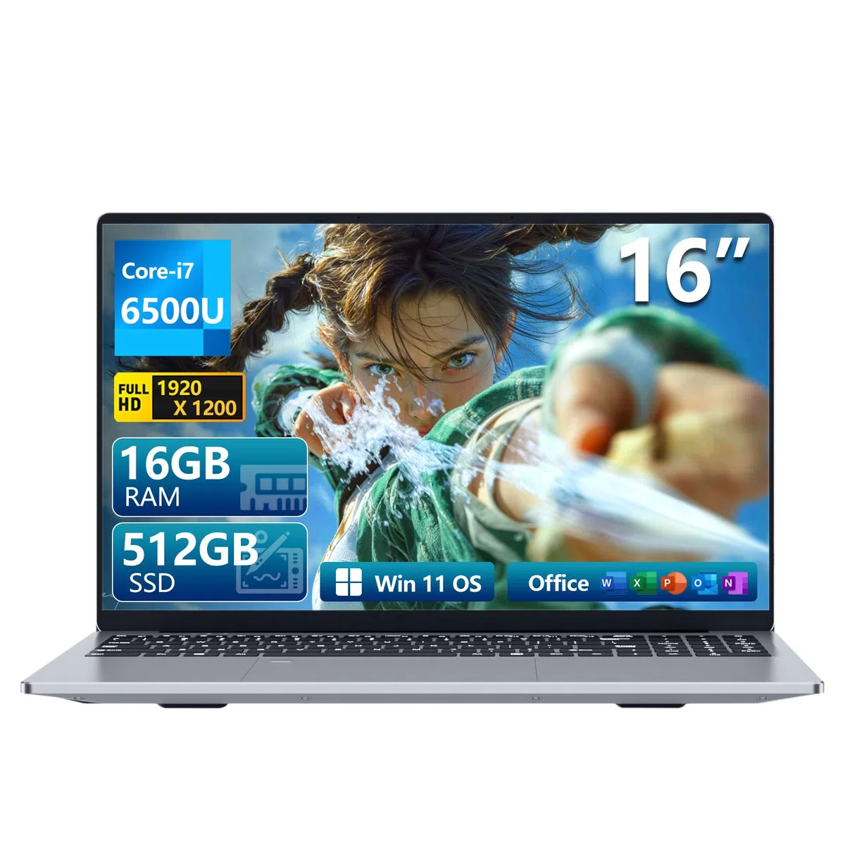 Ordinateur Portable Core i7-6500U, PC Portable 16 Pouces IPS Écran 1980*1080P, Win 11 Ordinateur Portable 16GB LPDDR4 RAM 512GB SSD, Clavier Rétroéclairé, Type-C/RJ45/Mini-HDMI/Batterie 5000mAh