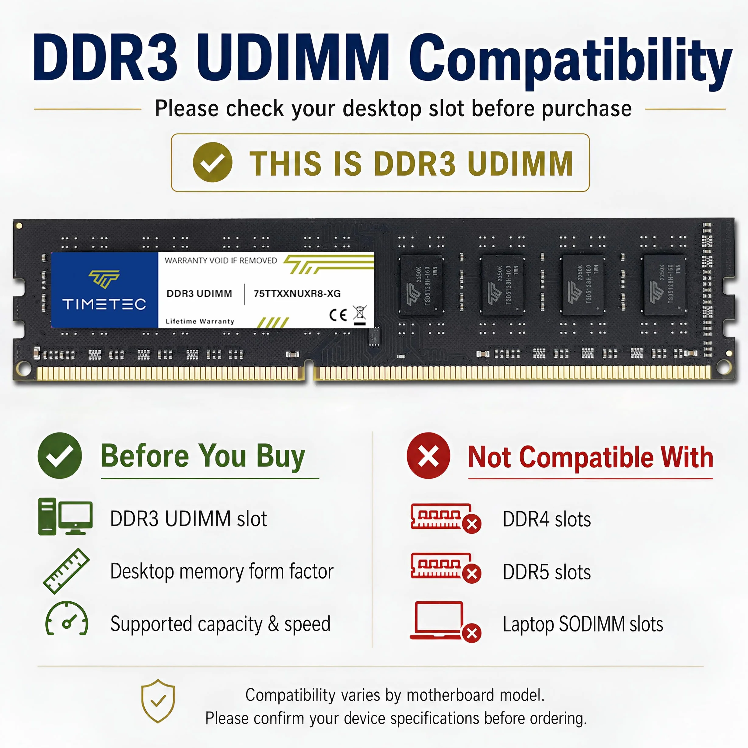 Timetec 4 Go DDR3L/DDR3 1600MHz PC3L-12800/PC3-12800 Non-ECC sans Tampon 1.35V/1.5V CL11 2Rx8 Double Rang 240 Broches UDIMM Ordinateur de Bureau mémoire RAM Module Mise à Niveau