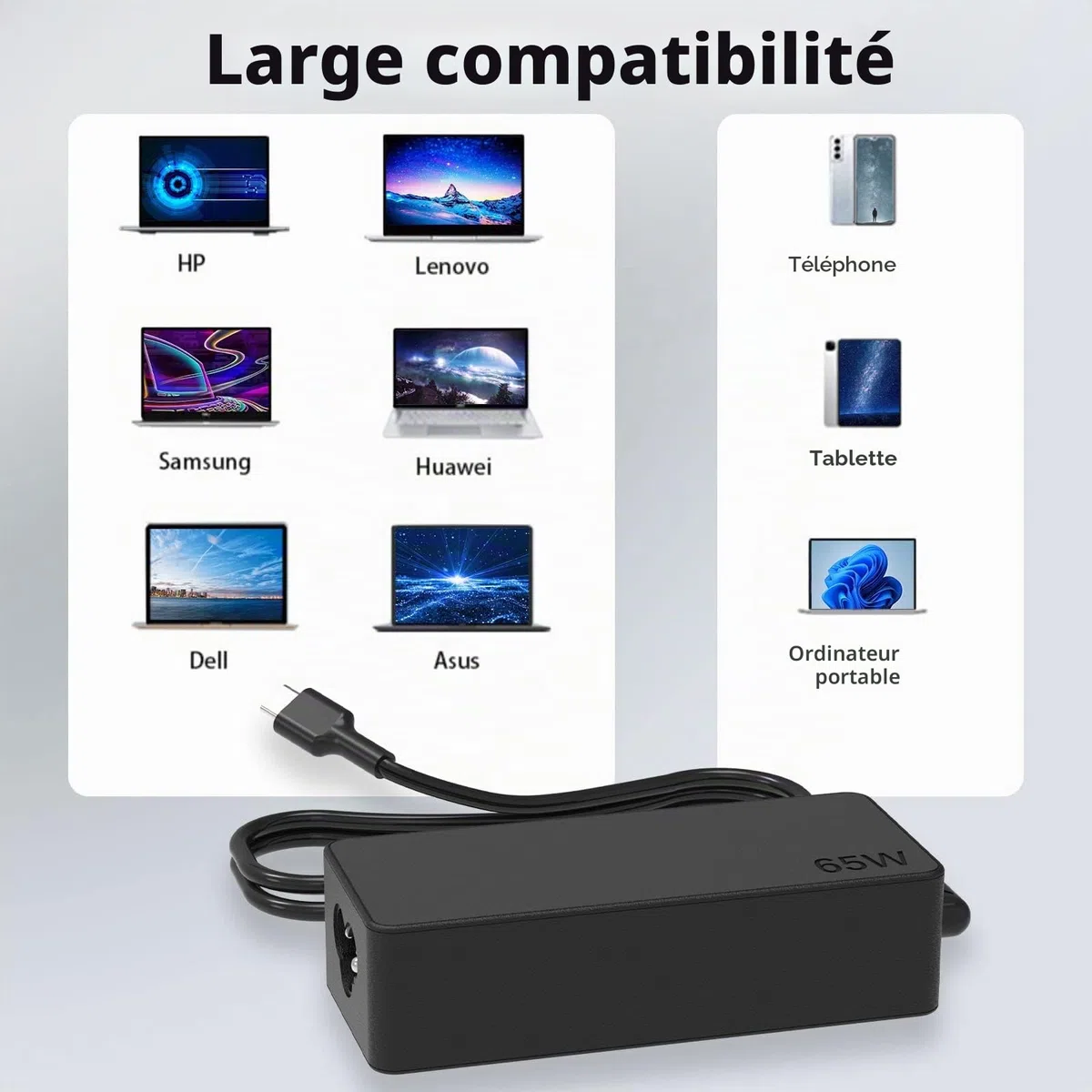 Chargeur Ordinateur USB C 65W pour HP Elitebook Chromebook Spectre X360 | Elitebook X360 830 840 1030 1020 1040 Chromebook Spectre ProBook X360 Pavilion x2 Envy 11 13 14 15 Probook 430 G6 G7 G8