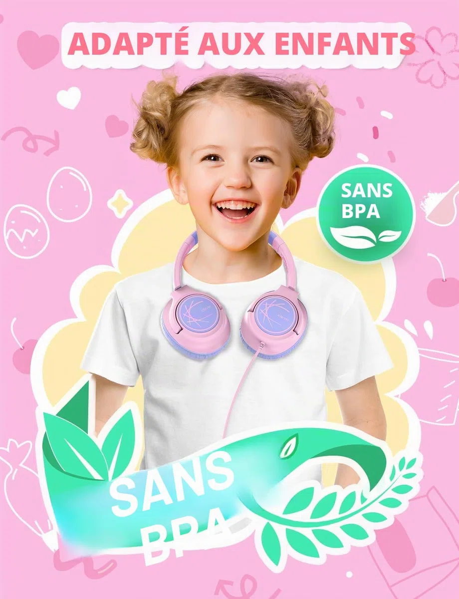 iClever Casque pour Enfants, avec câble, 85 dBA, Volume sûr, Son stéréo, Casque Supra-auriculaire Pliable de 3,5 mm, pour iPad, tablettes, école, Voyage, Rose