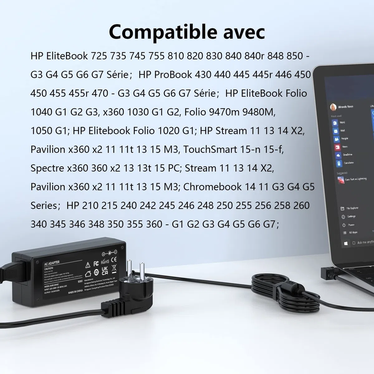 90W Chargeur Ordinateur Portable pour HP Elitebook 830 840 850 G3 G4 G5 G6 G7, Probook 430 440 450 640 645 650, Envy x360 13 17, HP 240 250 255 G3 G4 G5 G6 G7 19,5V 4,62A Adaptateur Alimentation