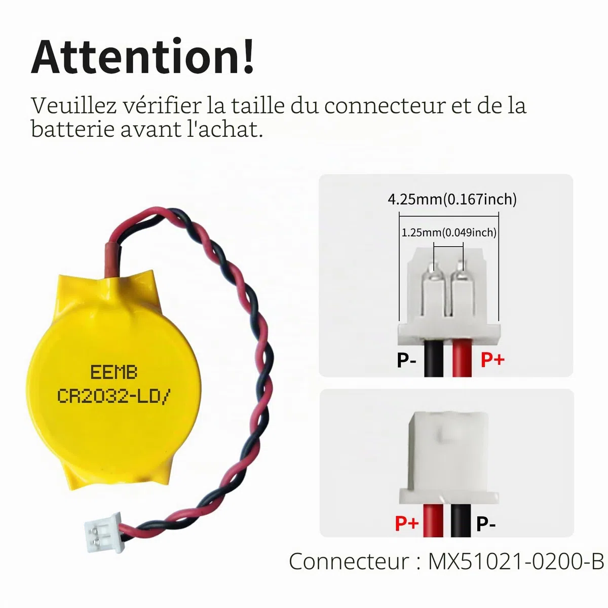 EEMB Lot de 10 Piles CMOS CR2032 3 V avec câbles et connecteur MOLEX pour Ordinateur Portable Intel NUC et ASUS ROG Strix G702 G702V / AsRock AM1H-ITX
