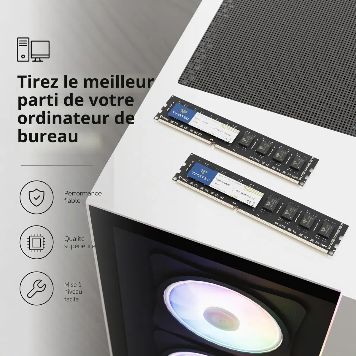 Timetec 4 Go DDR3L/DDR3 1600MHz PC3L-12800/PC3-12800 Non-ECC sans Tampon 1.35V/1.5V CL11 2Rx8 Double Rang 240 Broches UDIMM Ordinateur de Bureau mémoire RAM Module Mise à Niveau