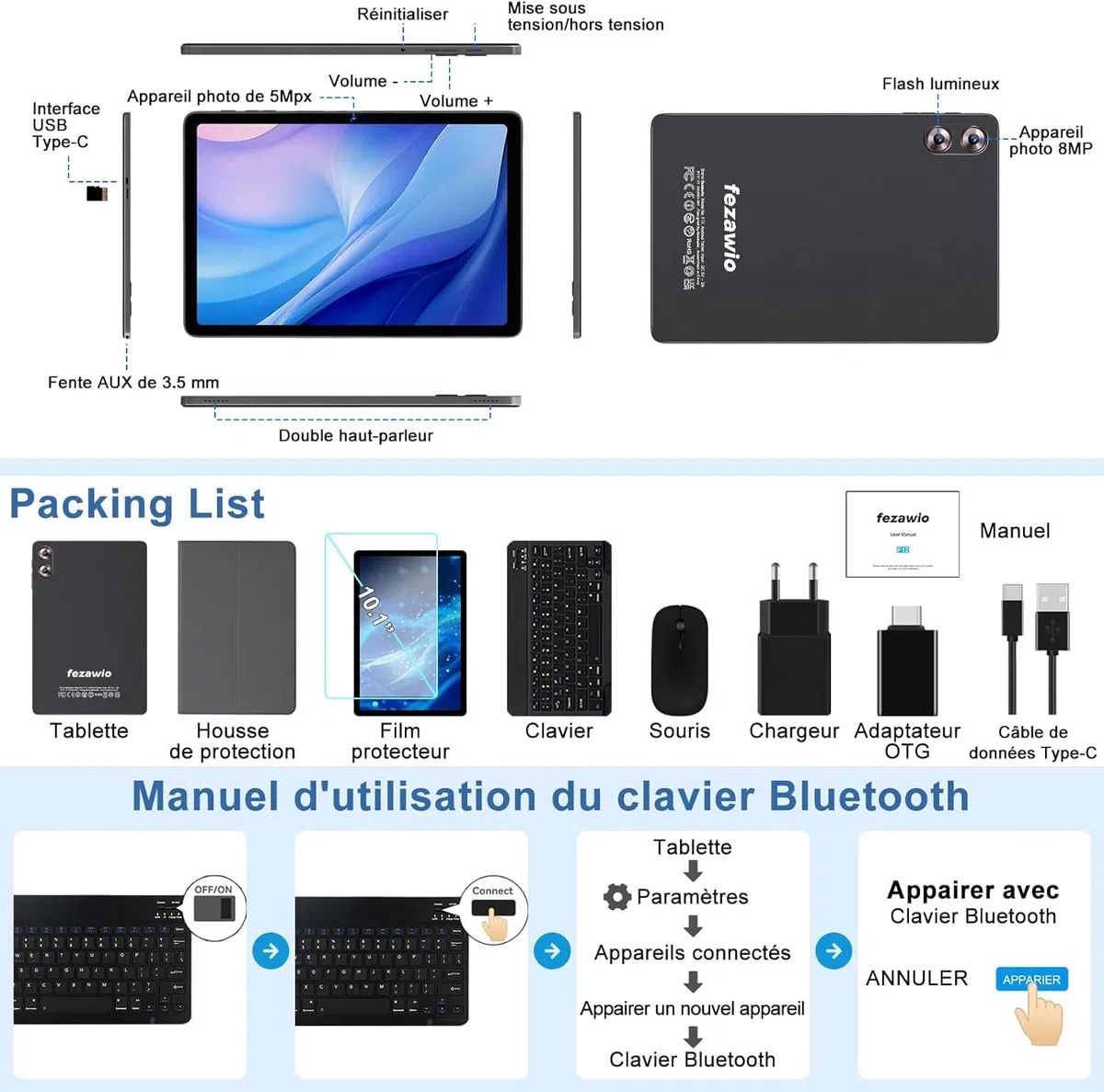 Tablette tactile Android 15 Gemini AI 10,1 Pouces, 30Go RAM+128Go ROM, Gris
