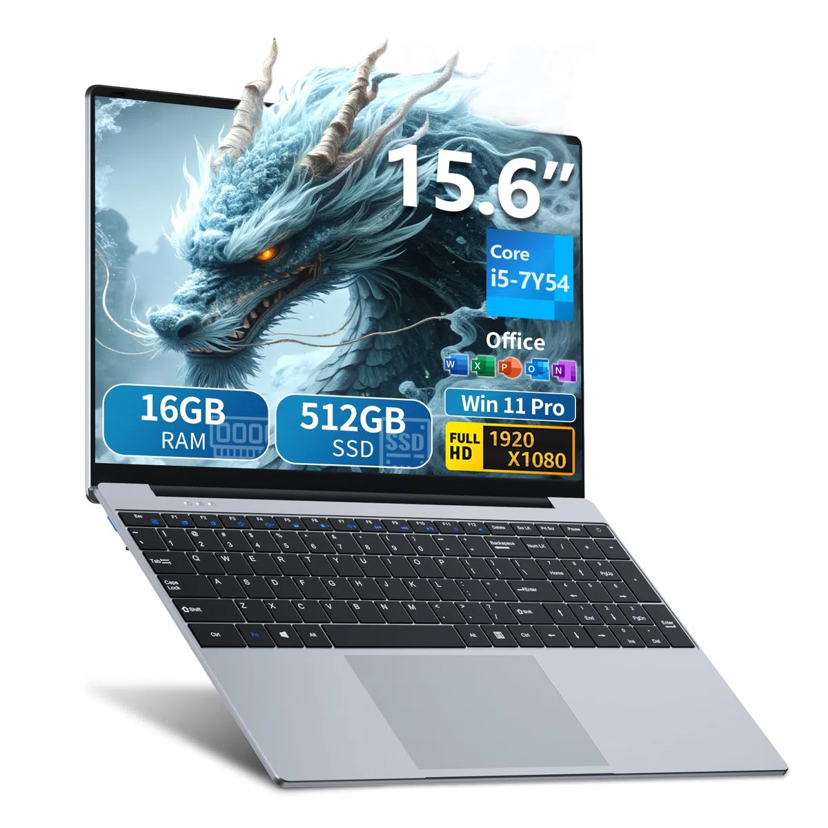 15,6 Pouces Ordinateur Portable Core i5 7Y54 Processeur, 16 Go RAM 512 Go SSD, PC Portable Win 11 Office 365 1080 IPS FHD Écran, Laptop avec Clavier Rétroéclairé WIFI5 Mini-HDMI USB3.0 Bluetooth 4.2