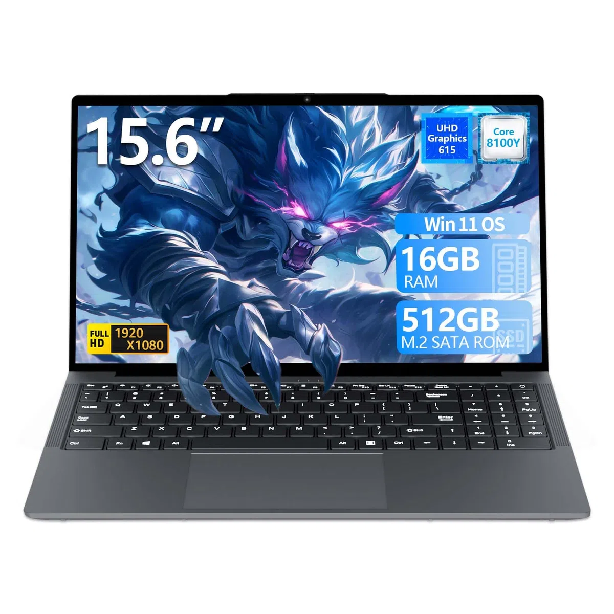 Ordinateur Portable 15.6 Pulgadas, Win 11 PC Portable Core i3-8100Y Procesador, PC Portable 16GB RAM 512GB SSD, Laptop 1920*1080 IPS FHD Écran, Type-C+TF Card Slot+USB3.0+Mini-HDMI+BT5+Webcam+WIFI5