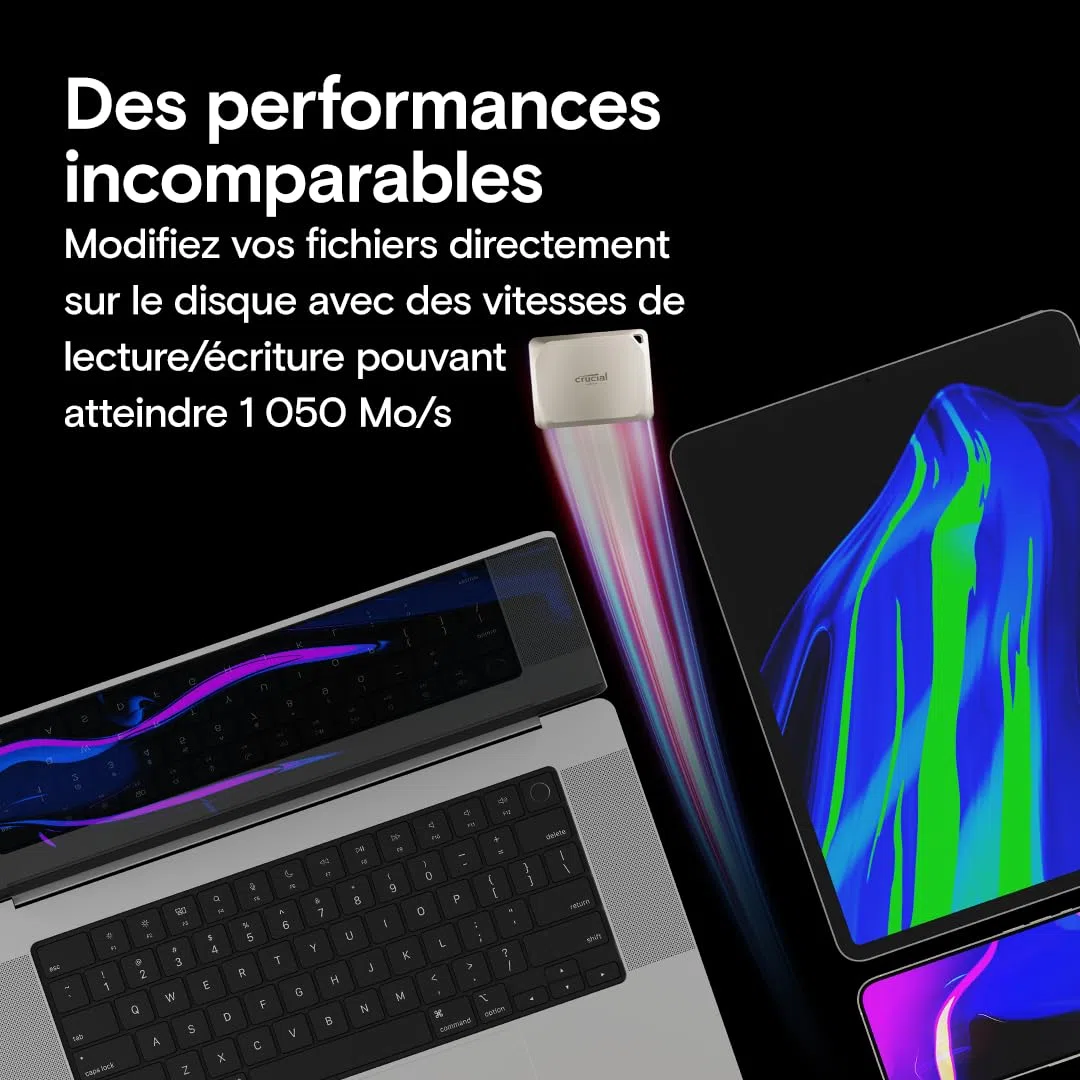 Crucial X9 Pro pour Mac 1To Disque SSD Externe Portable, Jusqu’à 1050Mo/s en Lecture et en écriture, prêt pour Mac, Résistance à l’Eau et à la poussière IP55, USB-C 3.2 - CT1000X9PROMACSSD9B02
