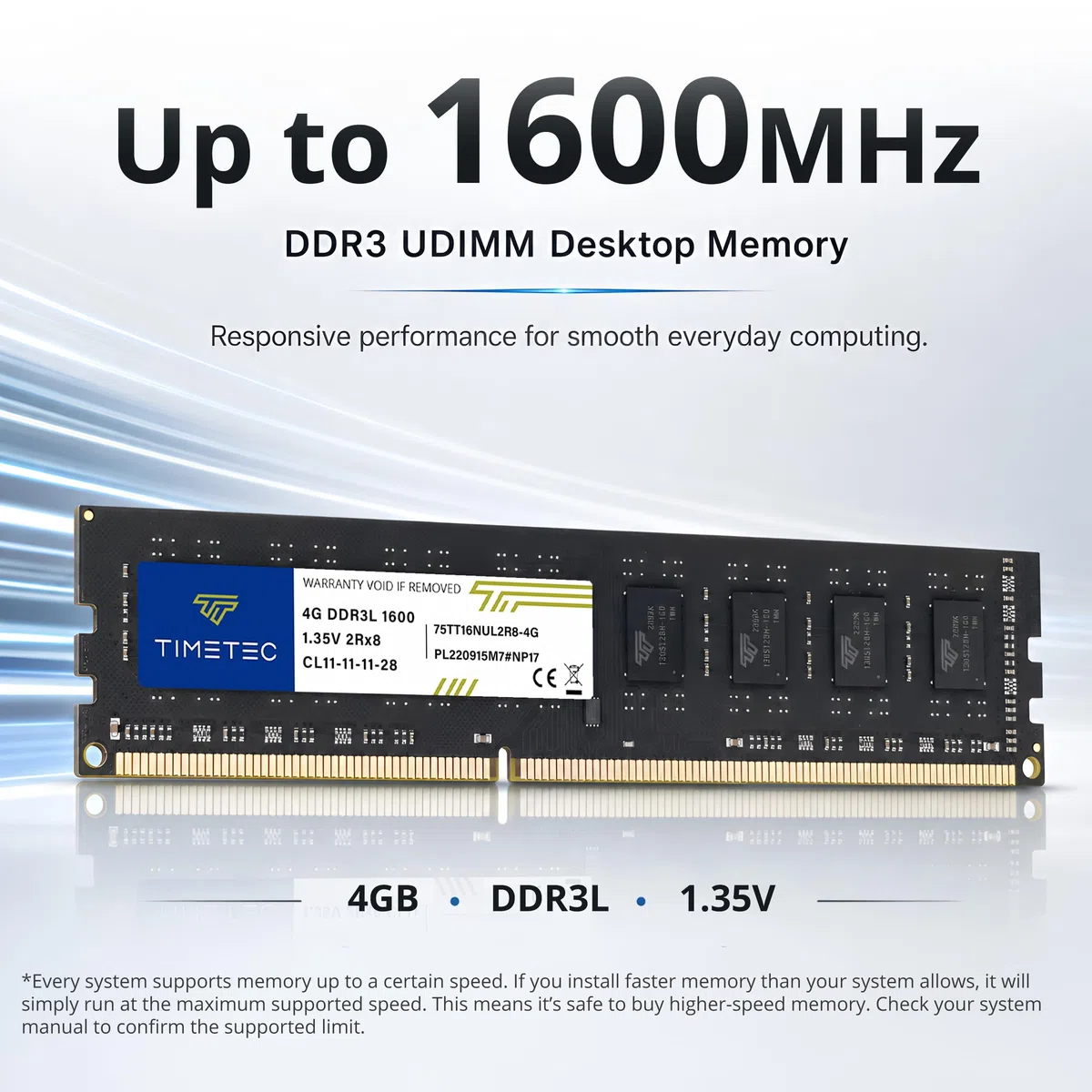 Timetec 4 Go DDR3L/DDR3 1600MHz PC3L-12800/PC3-12800 Non-ECC sans Tampon 1.35V/1.5V CL11 2Rx8 Double Rang 240 Broches UDIMM Ordinateur de Bureau mémoire RAM Module Mise à Niveau